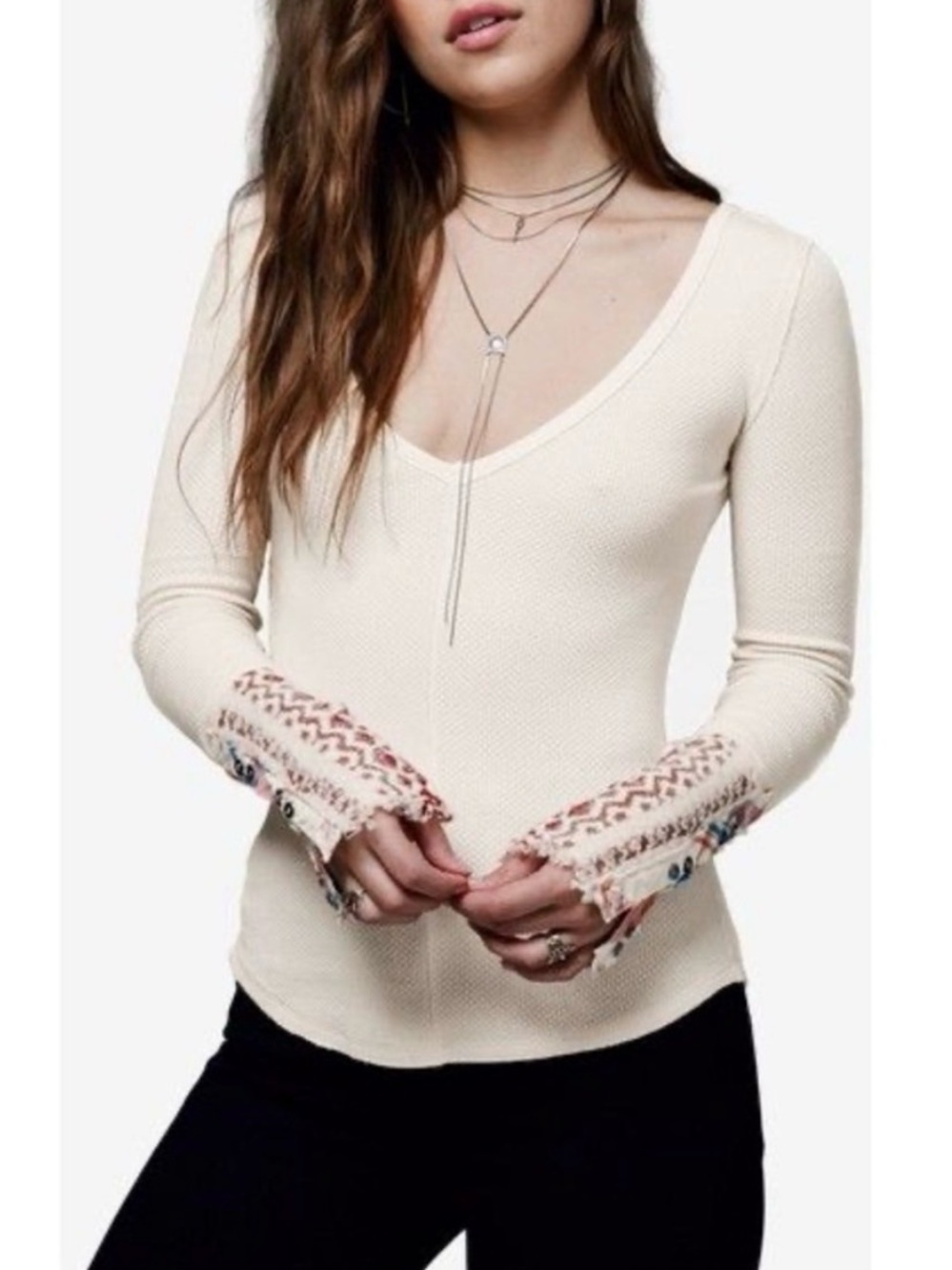 We The Free Ivory Ribbed V-Neck Thermal Top with art school cuff